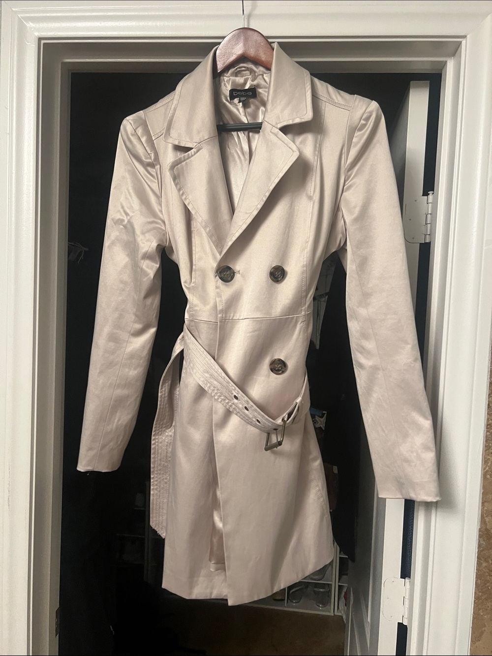 bebe Light Cream Double-Breasted Trench Coat with Belt